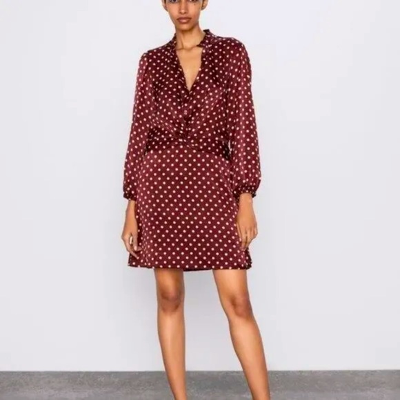 Zara Dresses & Skirts - NWOT Women ZARA POLKA DOT SILKY / SATIN MINI DRESS BLOGGERS FAV Wine Small (Q)